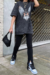 Black Acid Wash Wing Printed T-shirt - Itzia-T-shirt