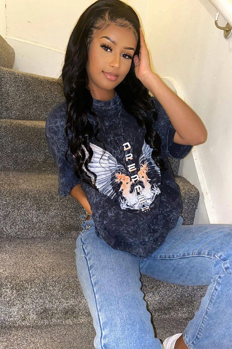 Black Acid Wash Wing Printed T-shirt - Itzia-T-shirt