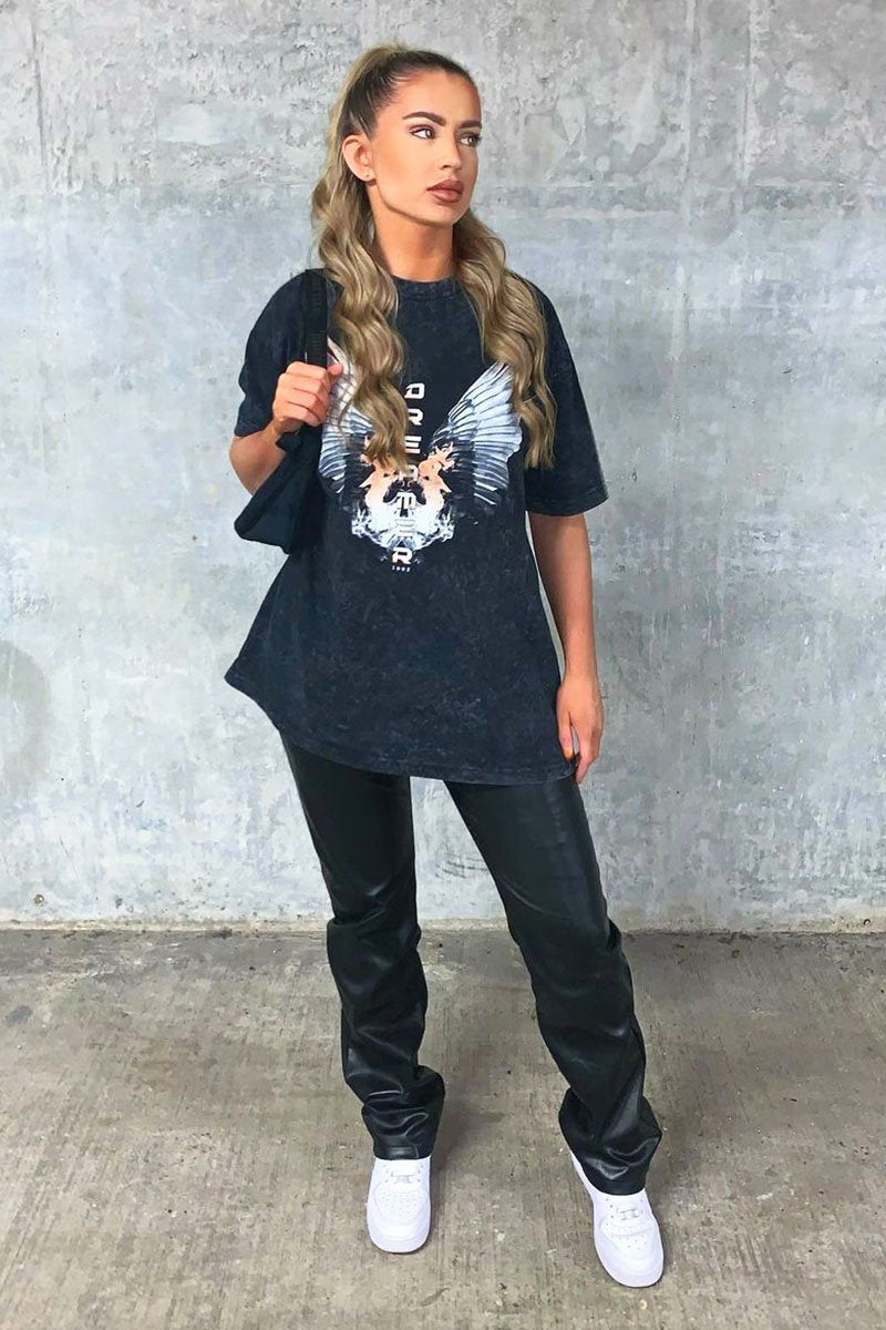 Black Acid Wash Wing Printed T-shirt - Itzia-T-shirt