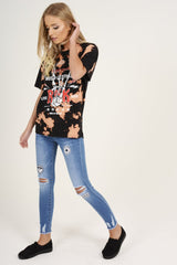 Black Acid Wash World Tour Slogan T-shirt Dress - Adel-Dresses