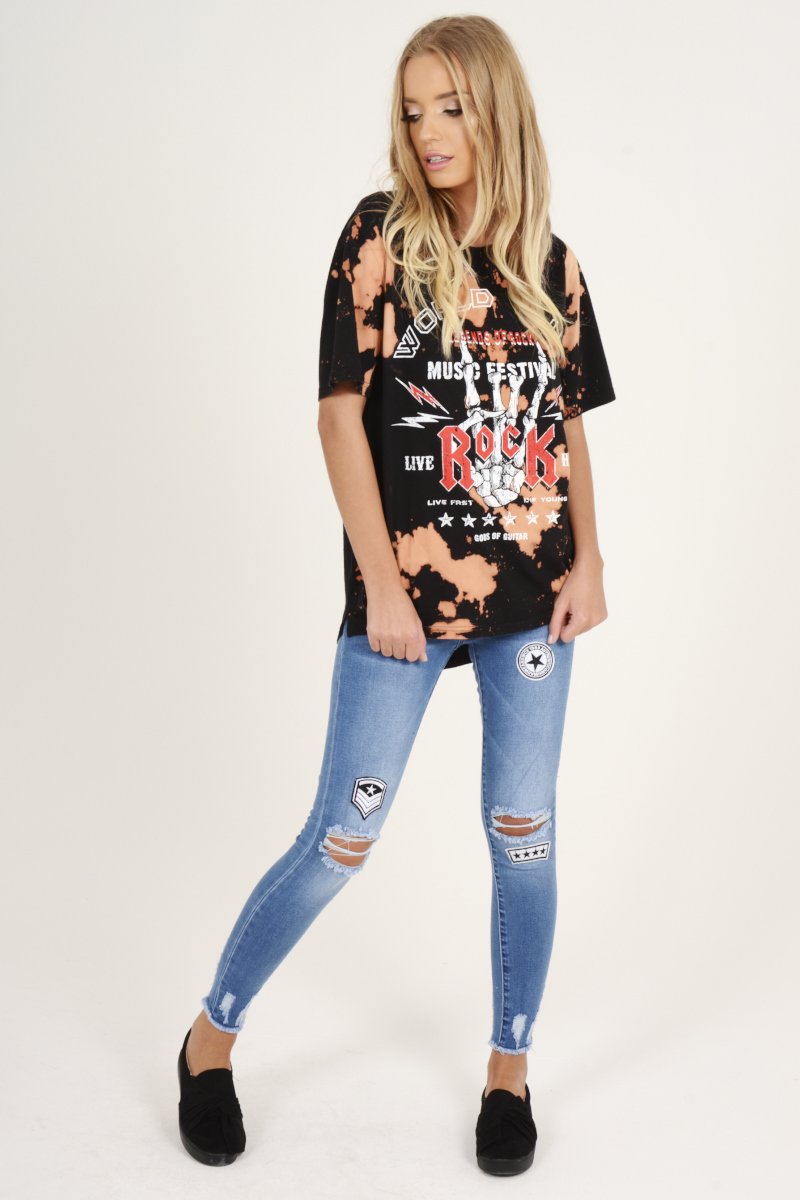 Black Acid Wash World Tour Slogan T-shirt Dress - Adel-Dresses