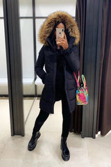 Black Adjustable Back Long Puffer Coat - Maezie-Coats