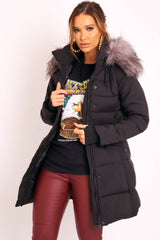 Black Adjustable Waist Longline Puffer Coat - Zofia-Coats