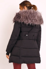 Black Adjustable Waist Longline Puffer Coat - Zofia-Coats