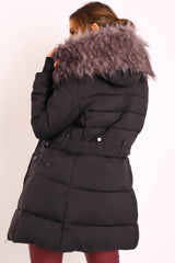Black Adjustable Waist Longline Puffer Coat - Zofia-Coats