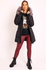 Black Adjustable Waist Longline Puffer Coat - Zofia-Coats