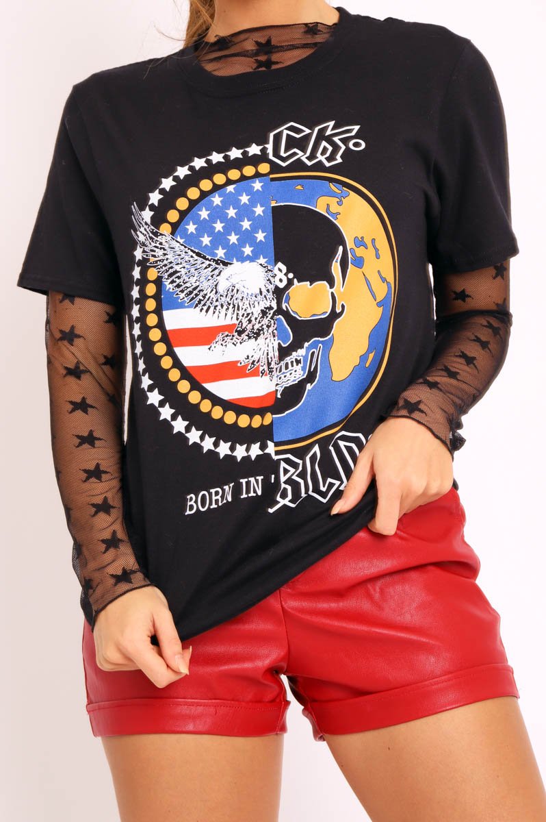 Black American Slogan Printed T-shirt - Posie-T-shirt