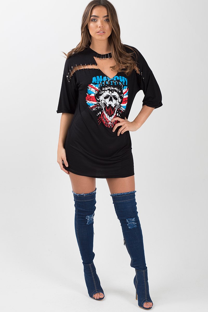 Black Anarchy Cut Out Pin Detail T-Shirt Dress - Lollie-Dresses