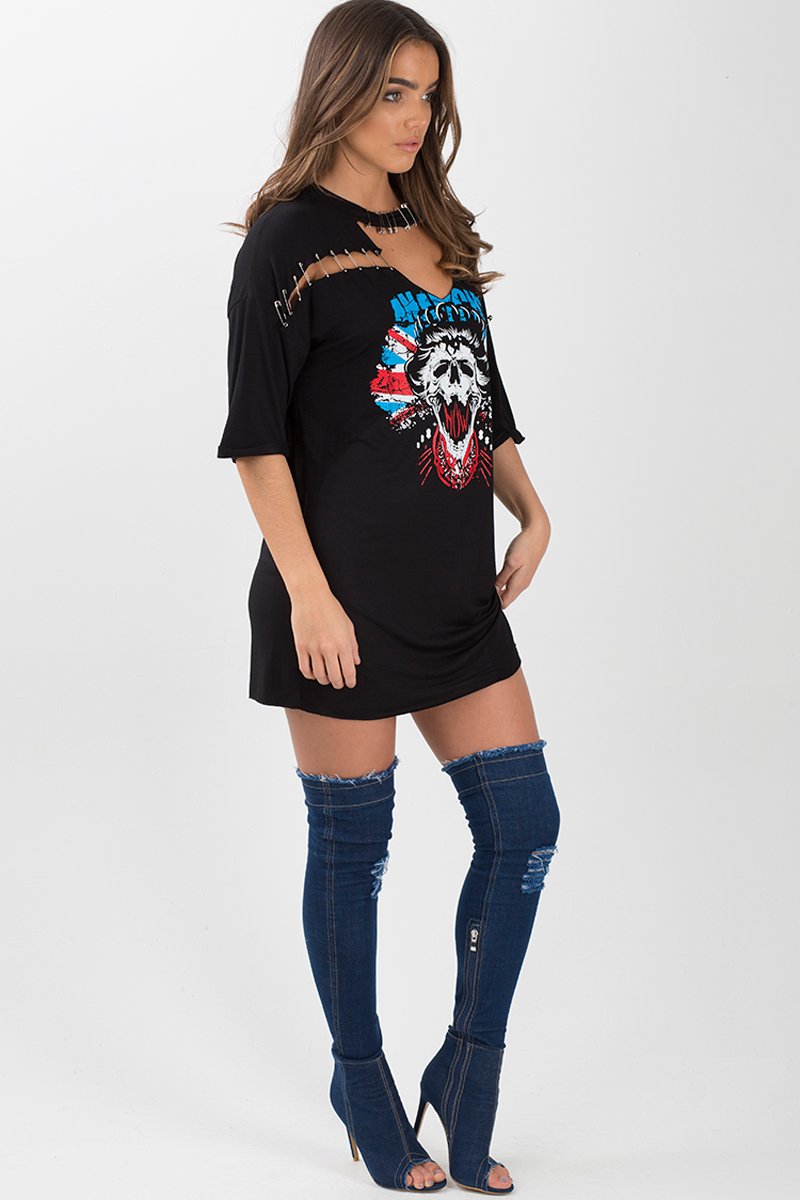 Black Anarchy Cut Out Pin Detail T-Shirt Dress - Lollie-Dresses