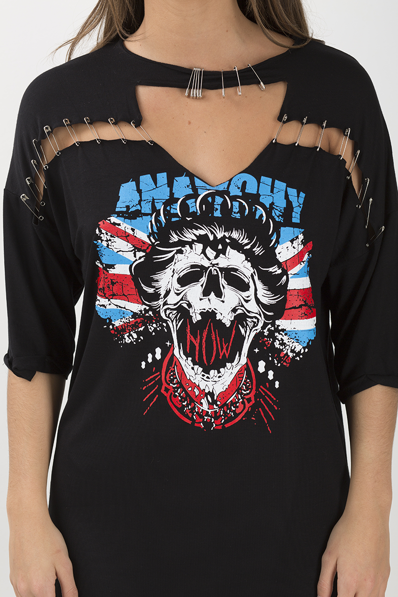 Black Anarchy Cut Out Pin Detail T-Shirt Dress - Lollie-Dresses