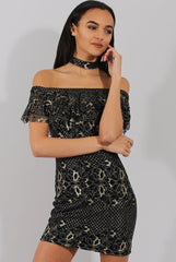 Black And Gold Lace Frill Bardot Choker Dress - Jolie-Dresses