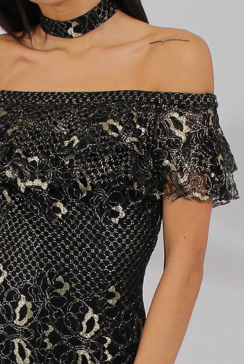 Black And Gold Lace Frill Bardot Choker Dress - Jolie-Dresses