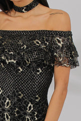Black And Gold Lace Frill Bardot Choker Dress - Jolie-Dresses
