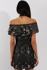 Black And Gold Lace Frill Bardot Choker Dress - Jolie-Dresses