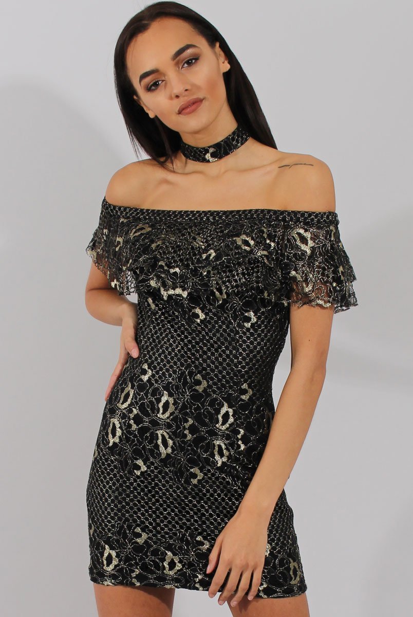 Black And Gold Lace Frill Bardot Choker Dress - Jolie Rebellious Fashion Black And Gold Lace Frill Bardot Choker Dress - Jolie Rebellious Fashion