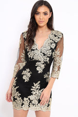 Black And Gold Lace Up Back Mini Dress - Cloe-Dresses