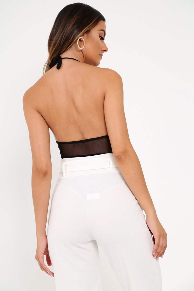 Black And Gold Mesh Floral Embroidered Halterneck Bodysuit - Keelynn-Bodysuits