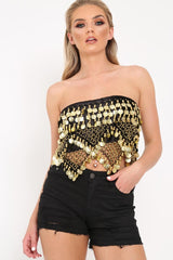 Black And Gold Velvet Top with Sequin and Coin Tassels - Taytem-Tops