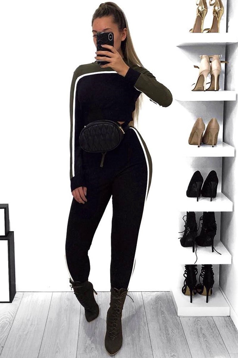 Black And Khaki Colour Block Tracksuit - Adryanna-Loungewear