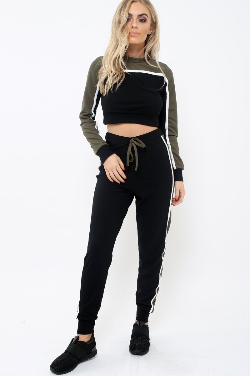 Black And Khaki Colour Block Tracksuit - Adryanna-Loungewear