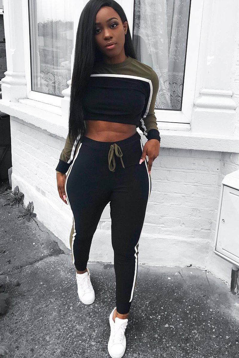 Black And Khaki Colour Block Tracksuit - Adryanna-Loungewear