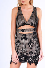 Black And Nude Crochet Cut Out Mini Dress - Isaura-Dresses