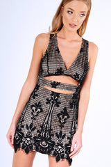 Black And Nude Crochet Cut Out Mini Dress - Isaura-Dresses