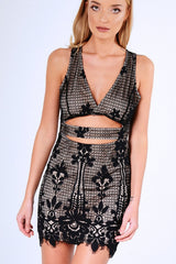 Black And Nude Crochet Cut Out Mini Dress - Isaura-Dresses