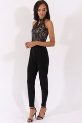 Black And Nude Glitter Lace High Neck Jumpsuit - Abella-Jumpsuits