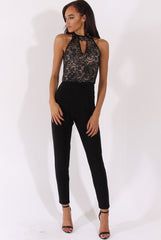 Black And Nude Glitter Lace High Neck Jumpsuit - Abella-Jumpsuits