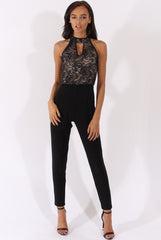 Black And Nude Glitter Lace High Neck Jumpsuit - Abella-Jumpsuits
