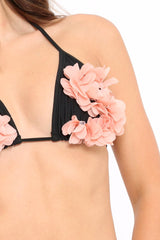 Black And Pink Applique Flower Bikini Set - Halley-Swimsuits
