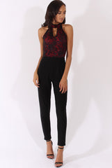Black And Red Glitter Lace High Neck Jumpsuit - Abella-Jumpsuits