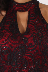 Black And Red Glitter Lace High Neck Jumpsuit - Abella-Jumpsuits