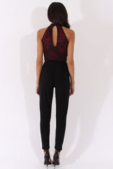 Black And Red Glitter Lace High Neck Jumpsuit - Abella-Jumpsuits