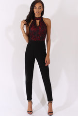 Black And Red Glitter Lace High Neck Jumpsuit - Abella-Jumpsuits