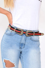Black And Red Skinny Western Double Buckle Belt - Immogen-Belts