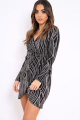 Black And Silver Sequin Wrap Front Dress - Kelcy-Dresses