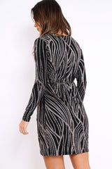 Black And Silver Sequin Wrap Front Dress - Kelcy-Dresses