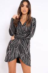 Black And Silver Sequin Wrap Front Dress - Kelcy-Dresses