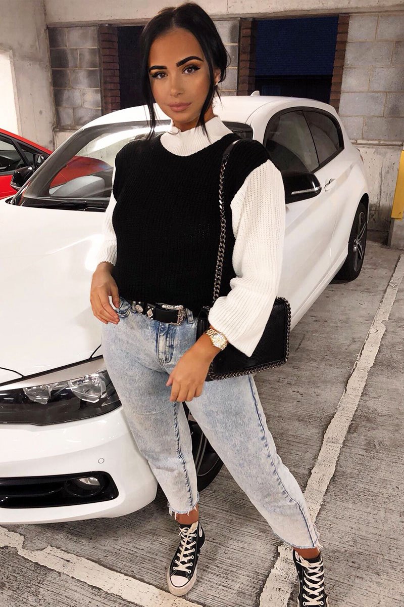 Black And White Knitted High Neck Oversized Jumper - Cerina-Jumper