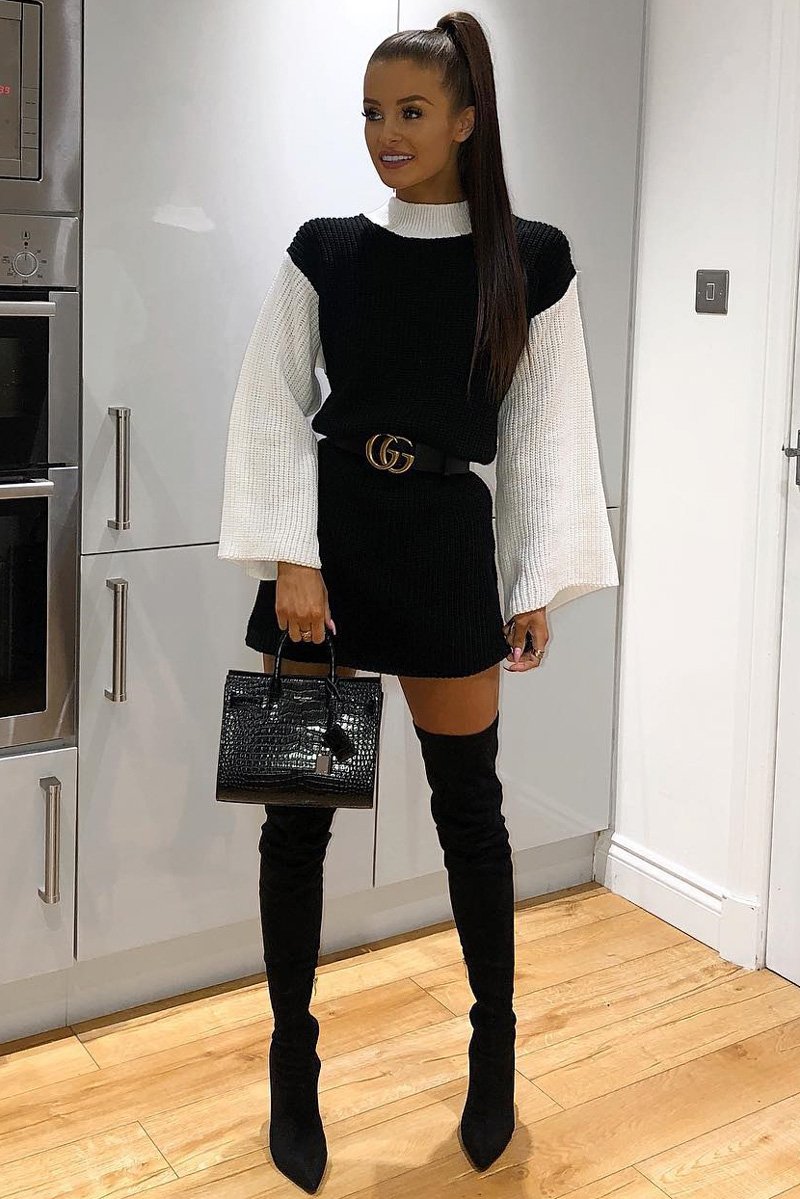 Black And White Knitted High Neck Oversized Jumper - Cerina-Jumper