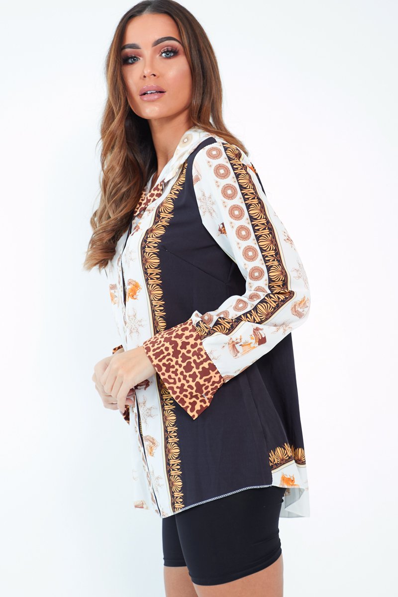 Black And White Leopard Print Detail Satin Shirt - Corean-Shirts