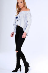 Black And White Stripe Bardot Embroidered Top - Aisling-Tops