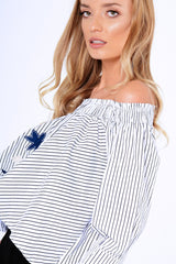 Black And White Stripe Bardot Embroidered Top - Aisling-Tops