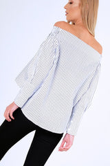 Black And White Stripe Bardot Embroidered Top - Aisling-Tops