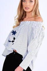 Black And White Stripe Bardot Embroidered Top - Aisling-Tops