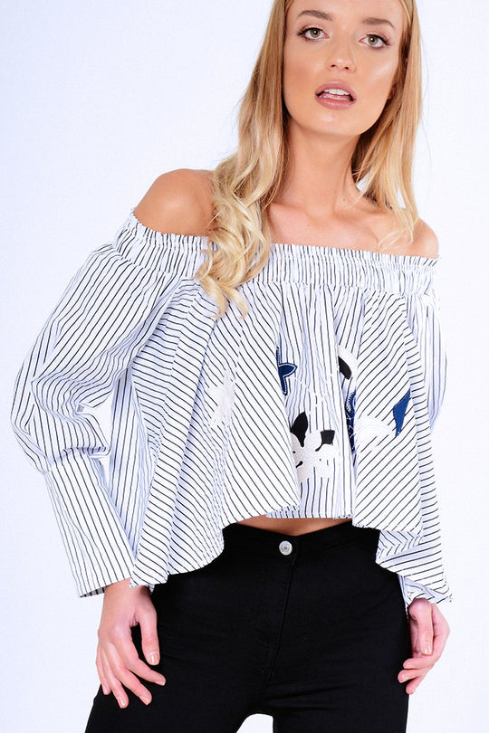 Black And White Stripe Bardot Embroidered Top - Aisling