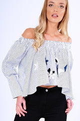 Black And White Stripe Bardot Embroidered Top - Aisling-Tops