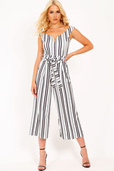 Black And White Stripe Bardot V Dip Jumpsuit - Lisah-Jumpsuits